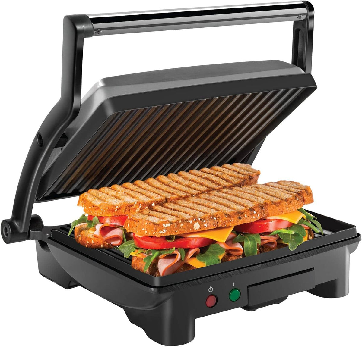 Panini press grill with open lid and grilled sandwich stacked on ribbed plates