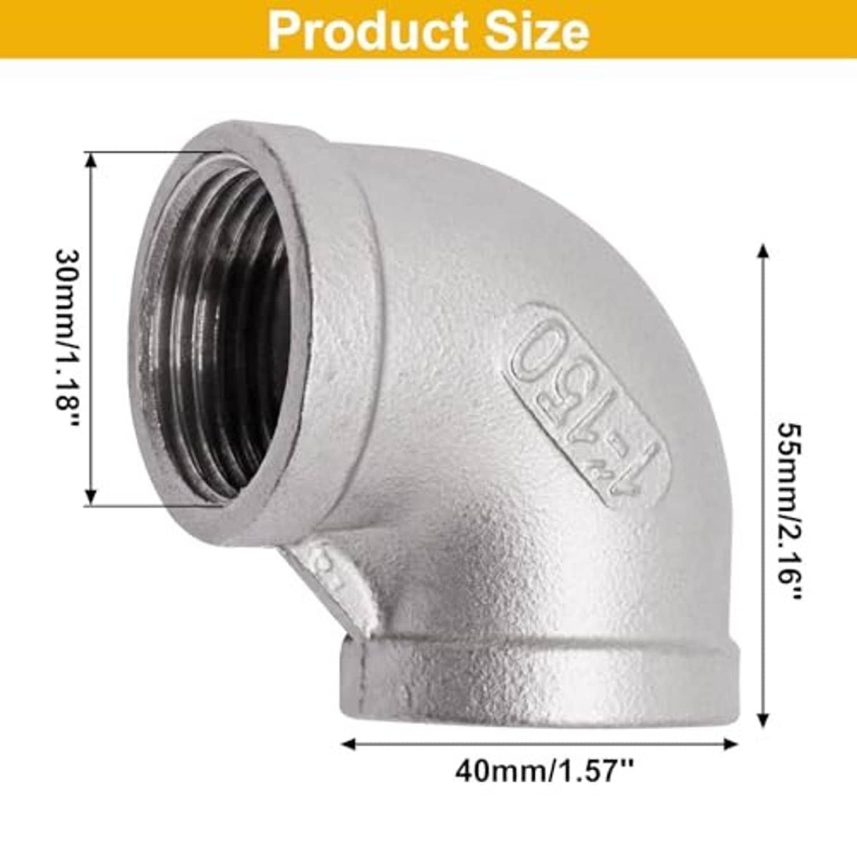 Stainless steel 90-degree street elbow with female NPT threads and size dimensions