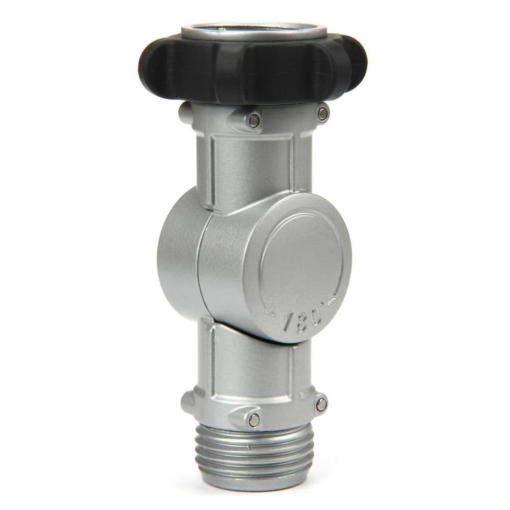 Adjustable swivel hose connector with black rubber grip, silver metal body, threaded end