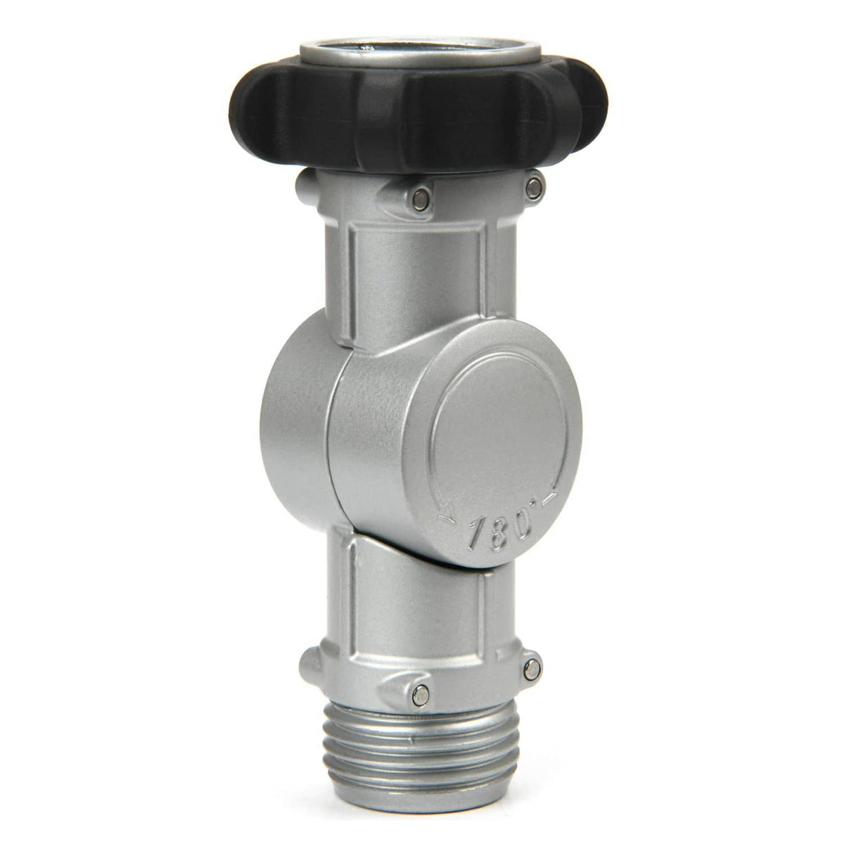Adjustable swivel hose connector with black rubber grip, silver metal body, threaded end
