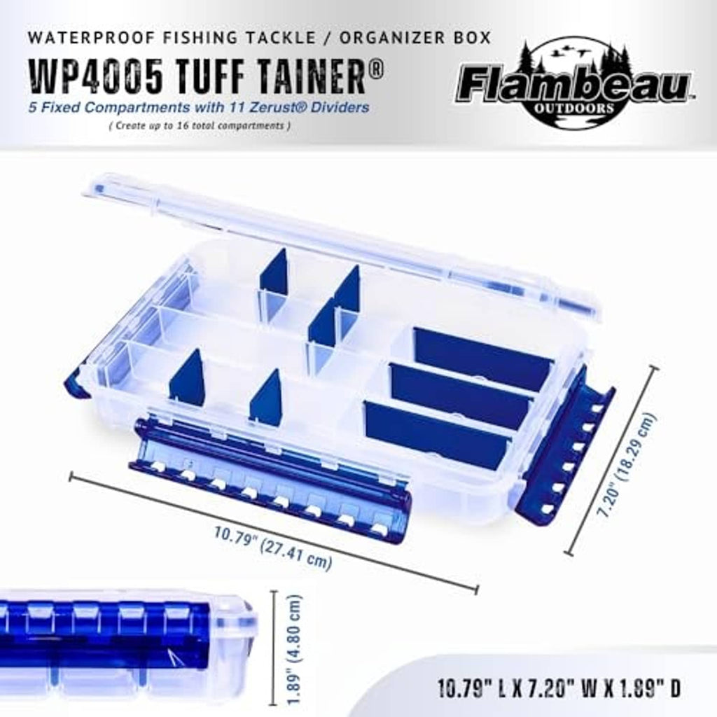 Waterproof fishing tackle organizer box with multiple fixed divider compartments and blue base.