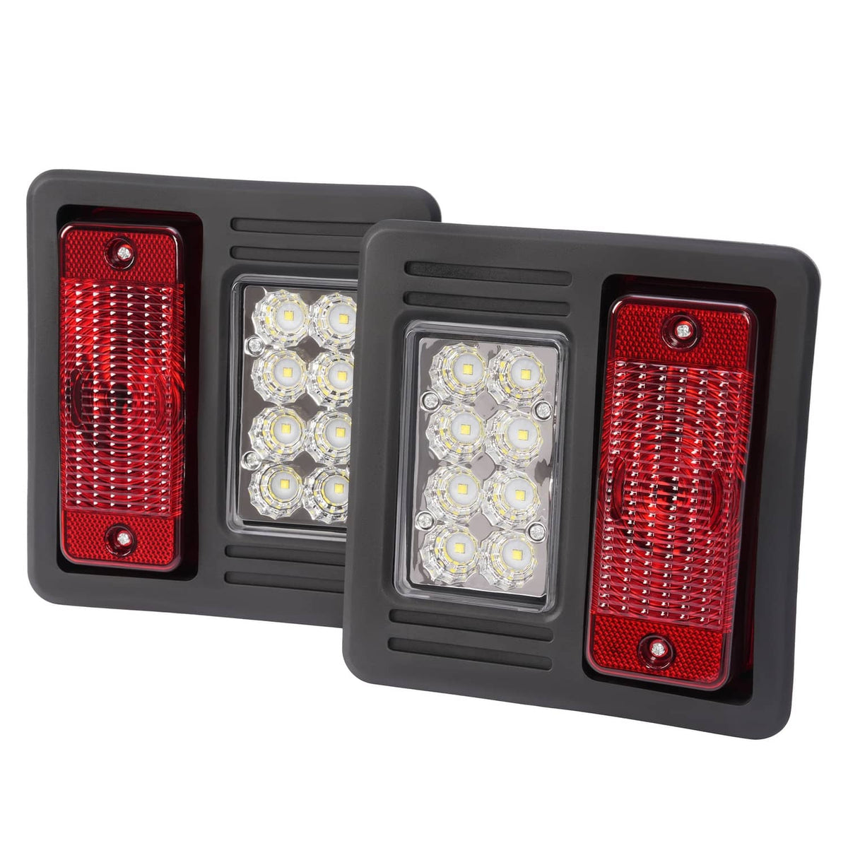 Two black LED light modules with red side lenses and bright white center LED clusters