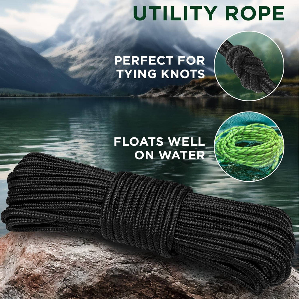 Black braided utility rope bundle, coiled with braided texture
