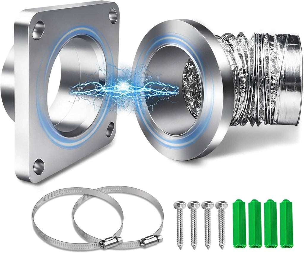 Magnetic dryer vent coupling kit with metal flanges, corrugated duct, clamps and screws