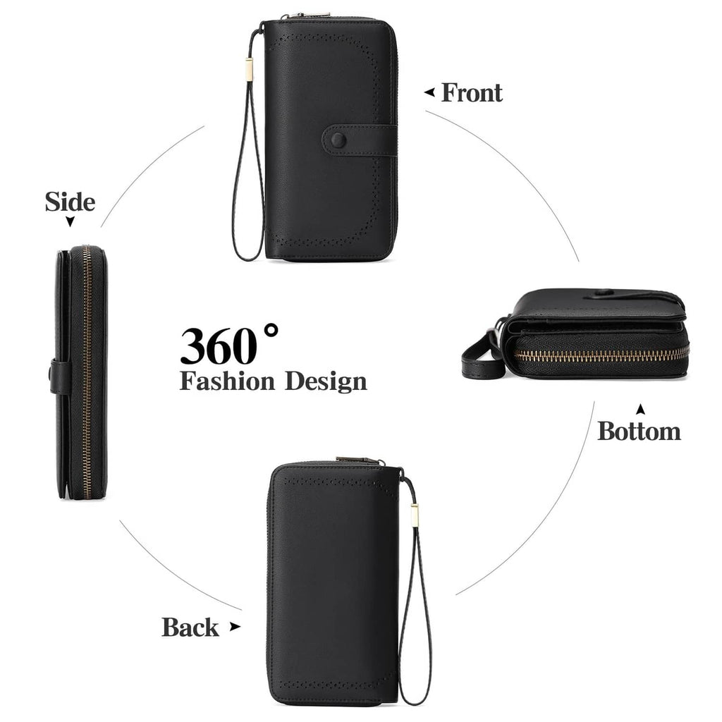 Black leather card wallet shown from front, side, and back with wrist strap