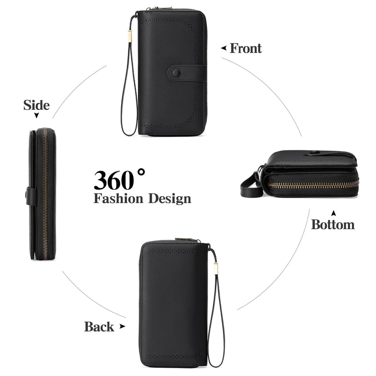 Black leather card wallet shown from front, side, and back with wrist strap