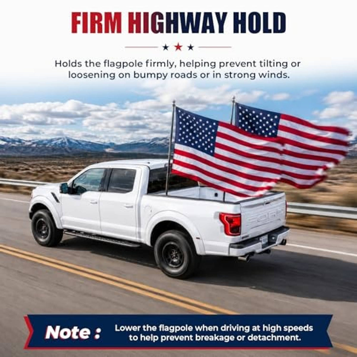 Flag pole mount on white pickup truck bed holding an American flag