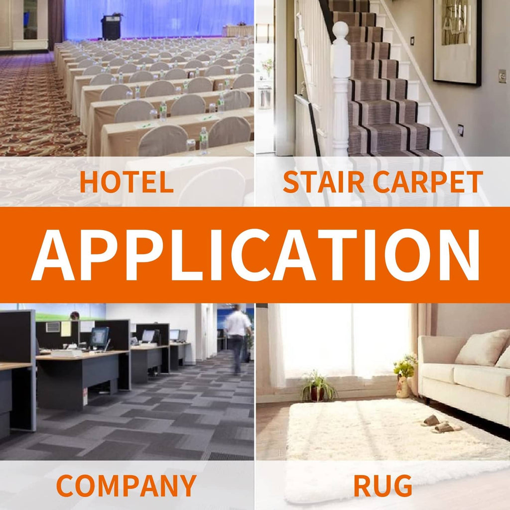 Carpet tape application collage for hotel areas, stairs, and rugs
