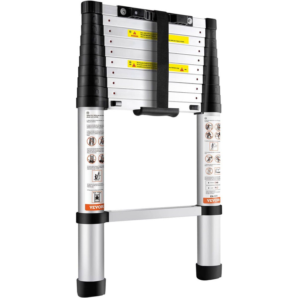 Compact telescoping ladder with black corner columns, white steps, and silver stand legs