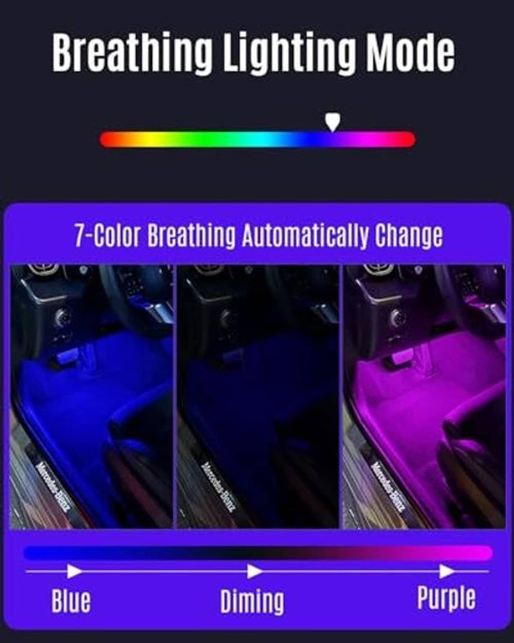 LED neon light bar with rainbow breathing lighting effect shown on car interior