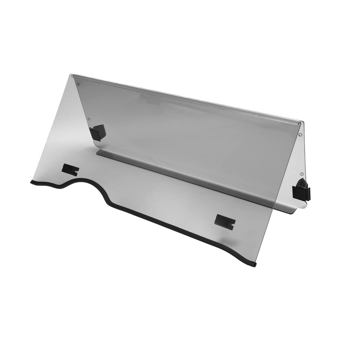 Tinted folding front windshield screen for EZGO RXV, gray with black mounting brackets