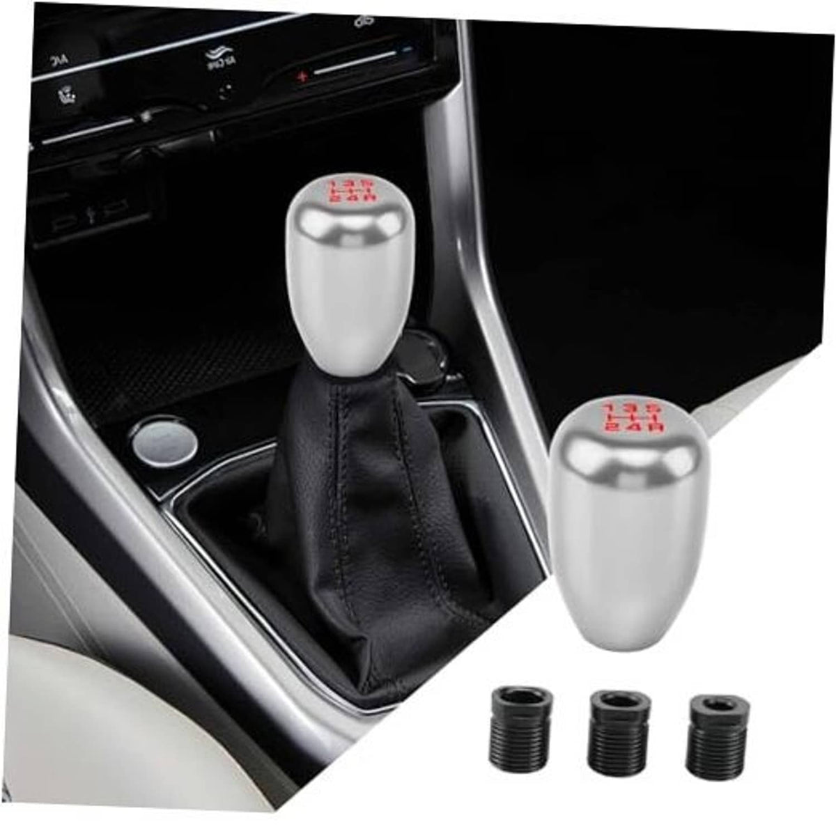 Silver gear shift knob with black leather boot and three threaded adapters
