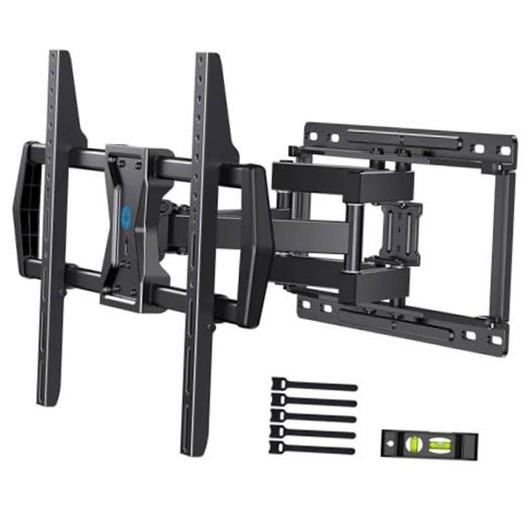 Black full-motion TV wall mount bracket with arms and VESA plate, hardware included