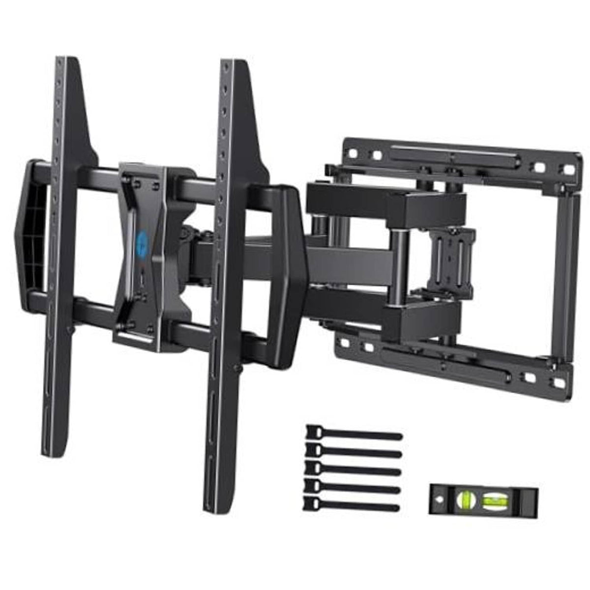 Black full-motion TV wall mount bracket with arms and VESA plate, hardware included