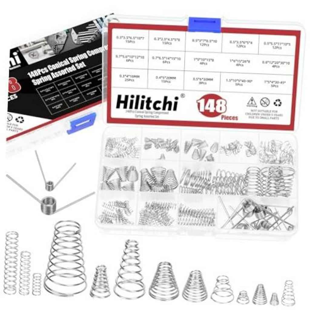 Compressed stainless steel spring assortment kit with multiple coil springs in plastic tray