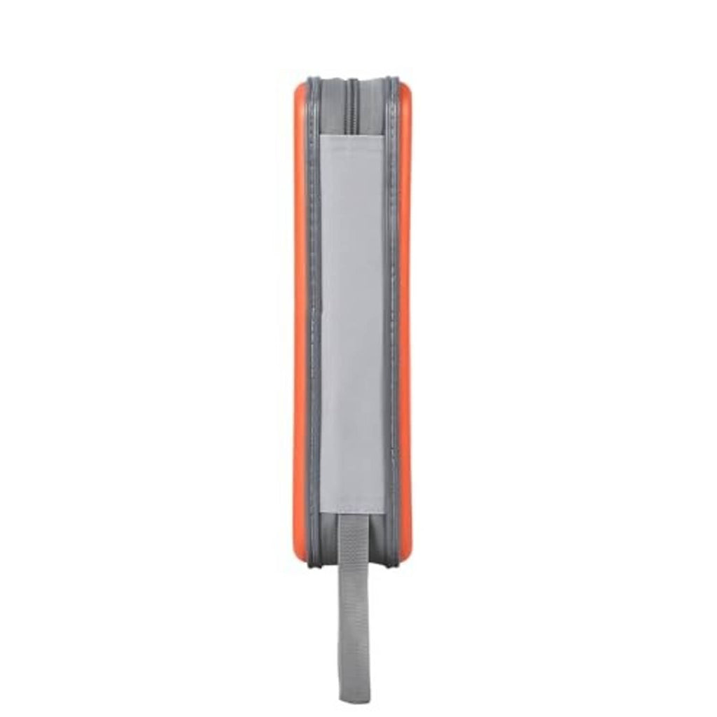Orange hard-shell CD/DVD case side view with gray fabric strap