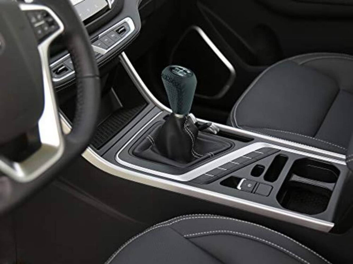 Black 5-speed leather shifter knob with silver base in car center console
