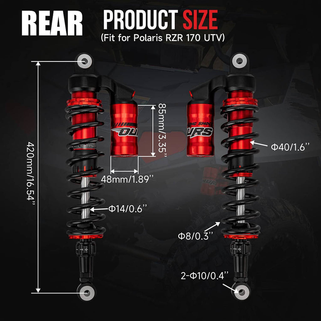 Rear air shock absorbers with red cylinders and black coil springs, adjustable design