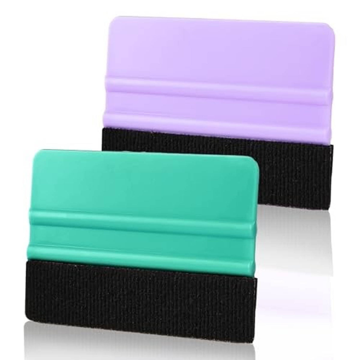 Stacked vinyl felt squeegees, teal front and purple back with black felt edges