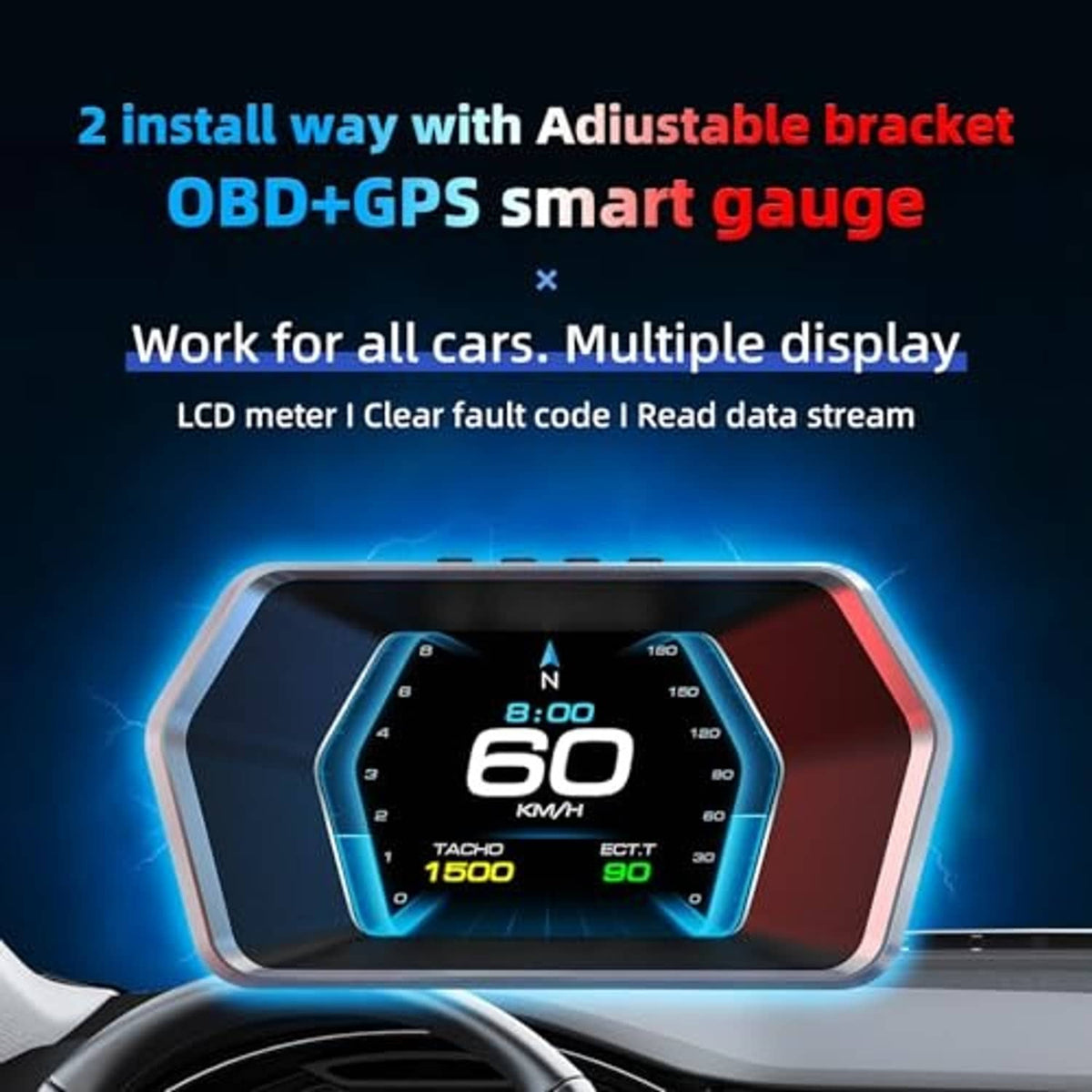 Car HUD heads-up display with 60 km/h speed, tachometer, and ECT RPM readouts