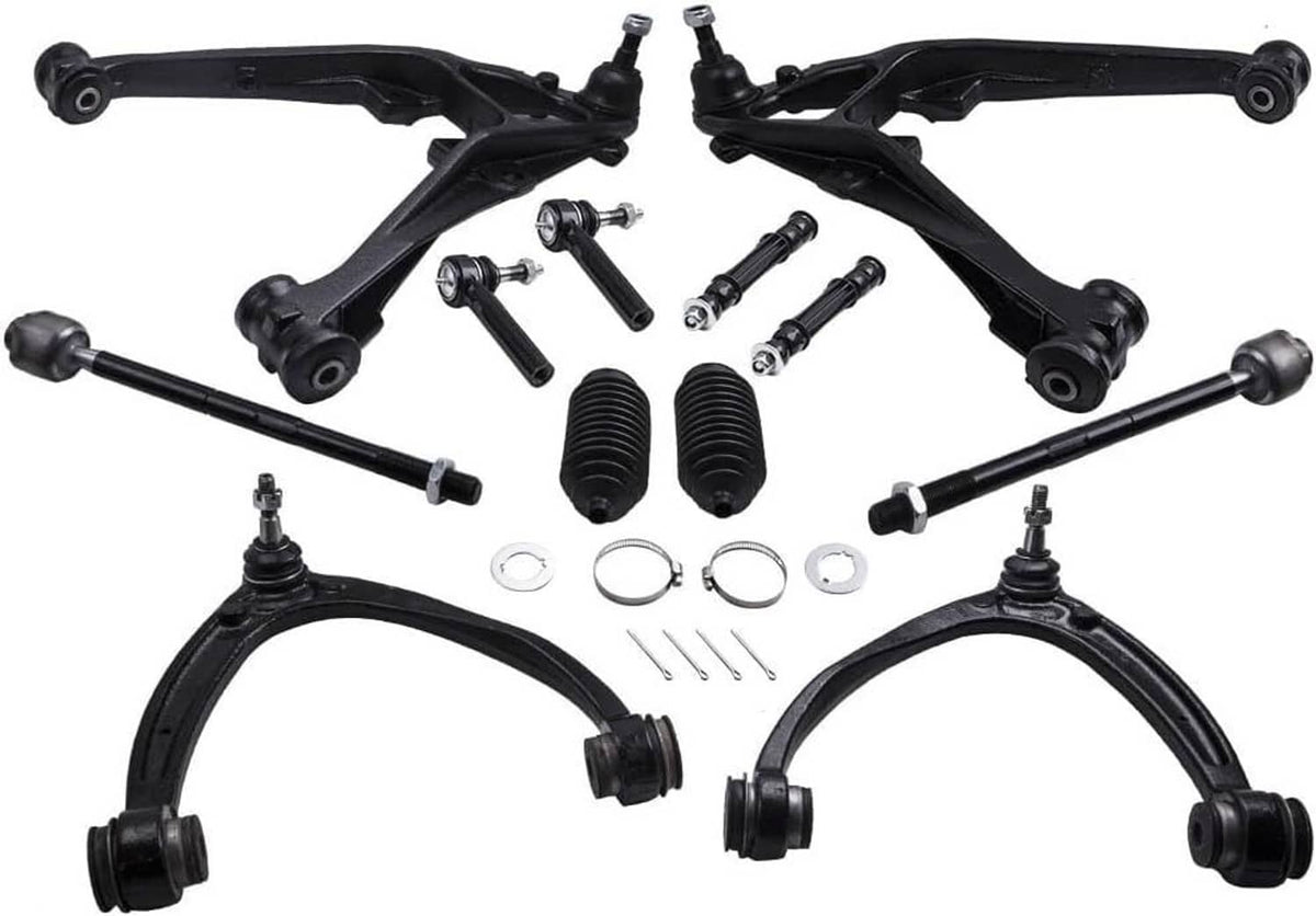 12-piece front control arm set showing arms, links, rubber boots, and hardware