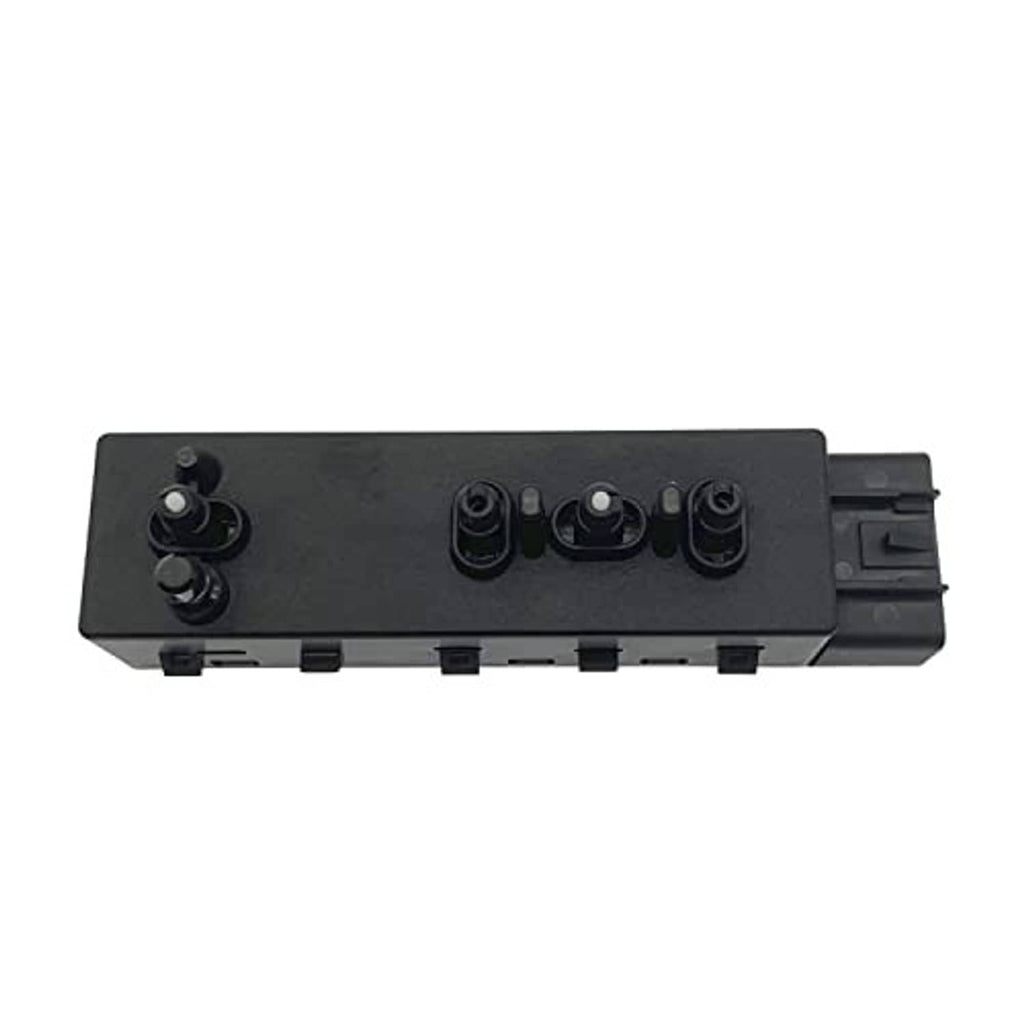 Power seat control switch underside with molded connectors and mounting holes, dark gray