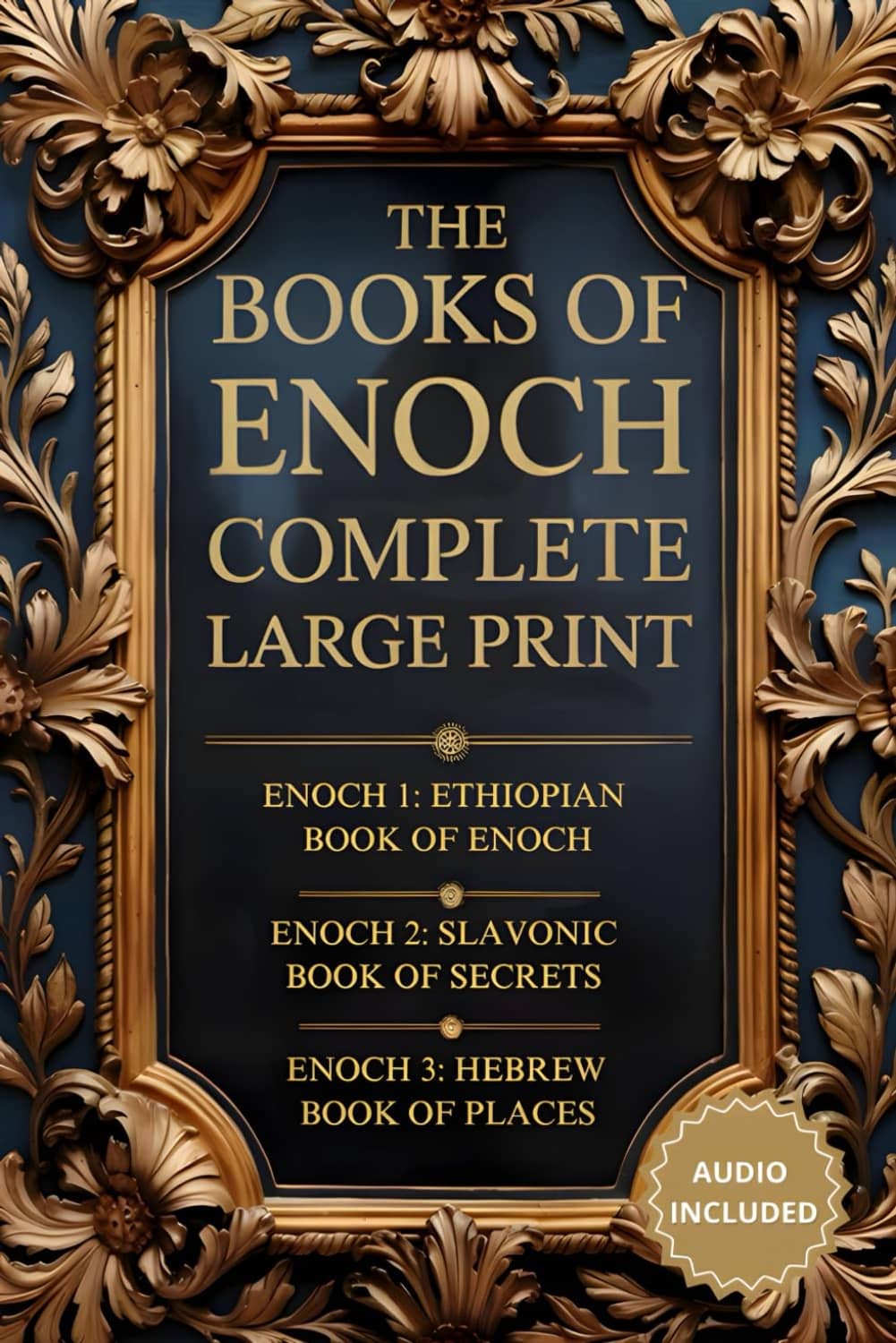 Large print book with gold-and-blue cover, 'The Books of Enoch Complete'