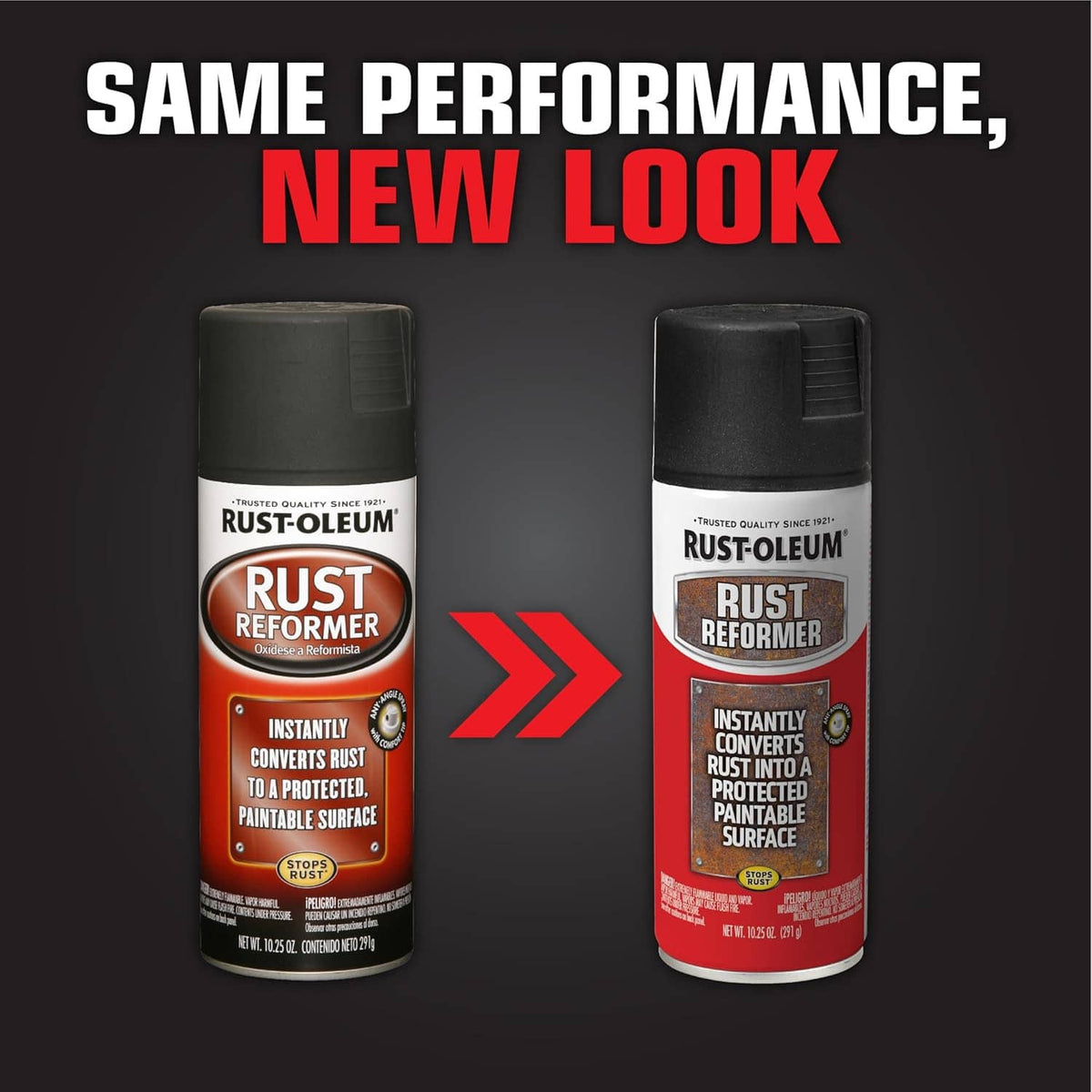 Two Rust-Oleum Rust Reformer spray cans showing same product, new label design