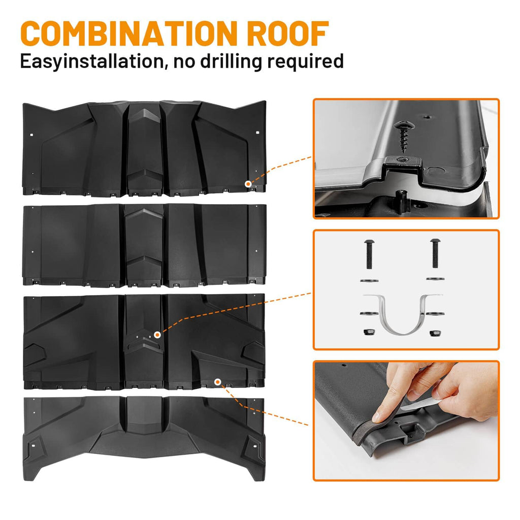 Black four-piece UTV hard roof with detailed installation showing mounting points