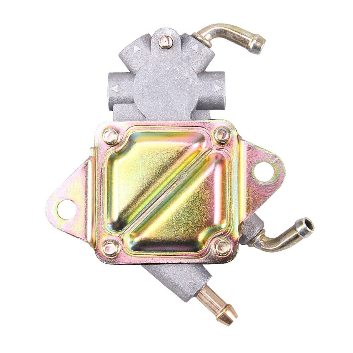 Fuel pump with iridescent top cover and small outlet tube, grey housing