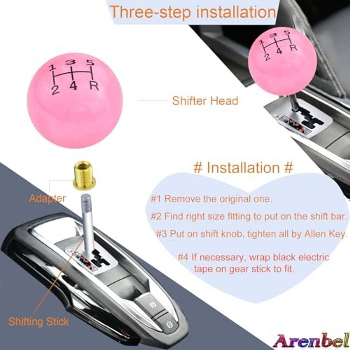 Pink 5-speed ball shift knob with brass adapter and installation parts