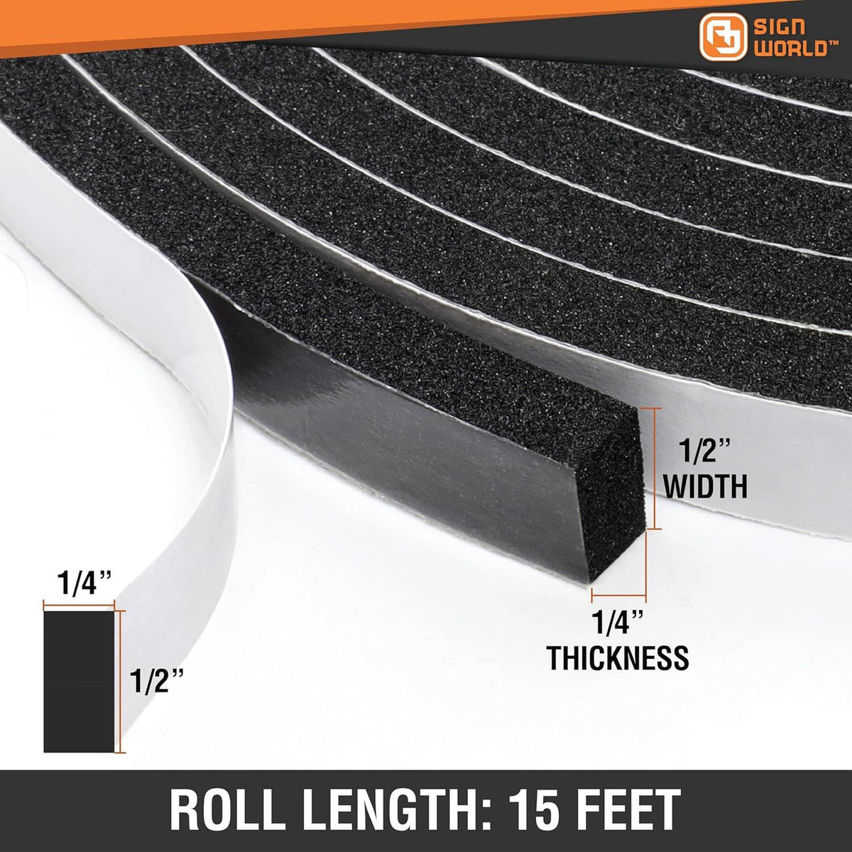 Black foam weather stripping tape: 1/2 in wide, 1/4 in thick, 15 ft roll