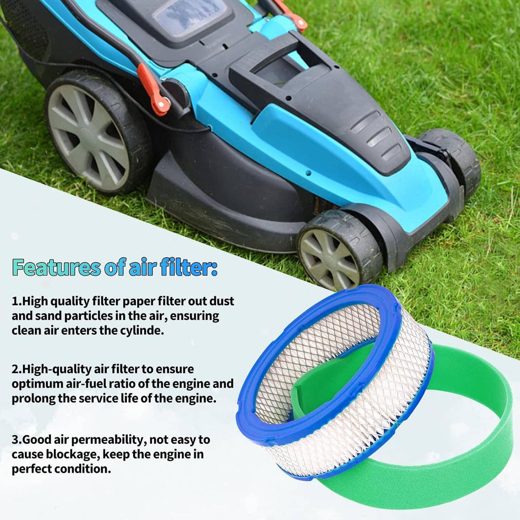 Lawn mower air filter set: white pleated paper element with green foam pre-cleaner