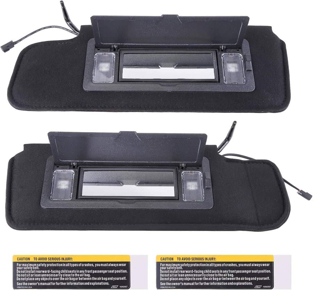 Pair of black sun visors with vanity mirrors, LED lamps, and safety label