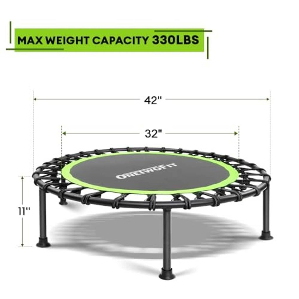 Mini trampoline front view with round green bouncy surface and black frame with legs