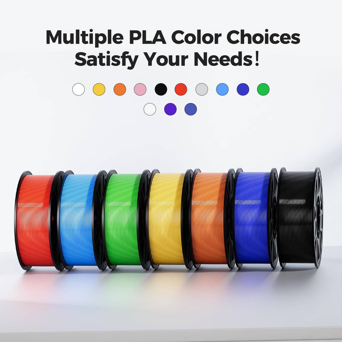 Assorted colored filament spools lined up, including black, red, and blue