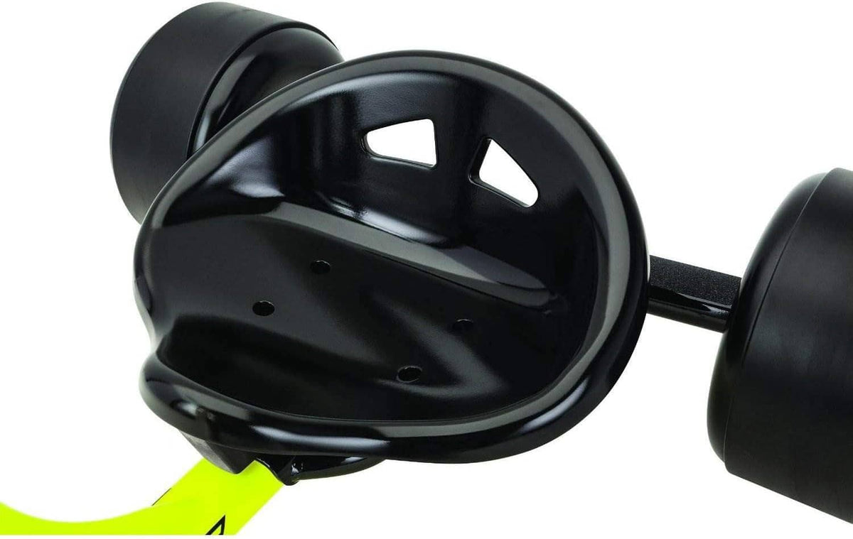 Black seat assembly and neon yellow frame detail on a drift trike