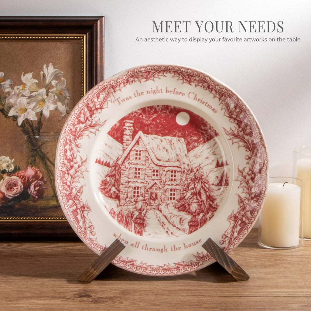 Brown plate display stand holding a red decorative plate with easel support