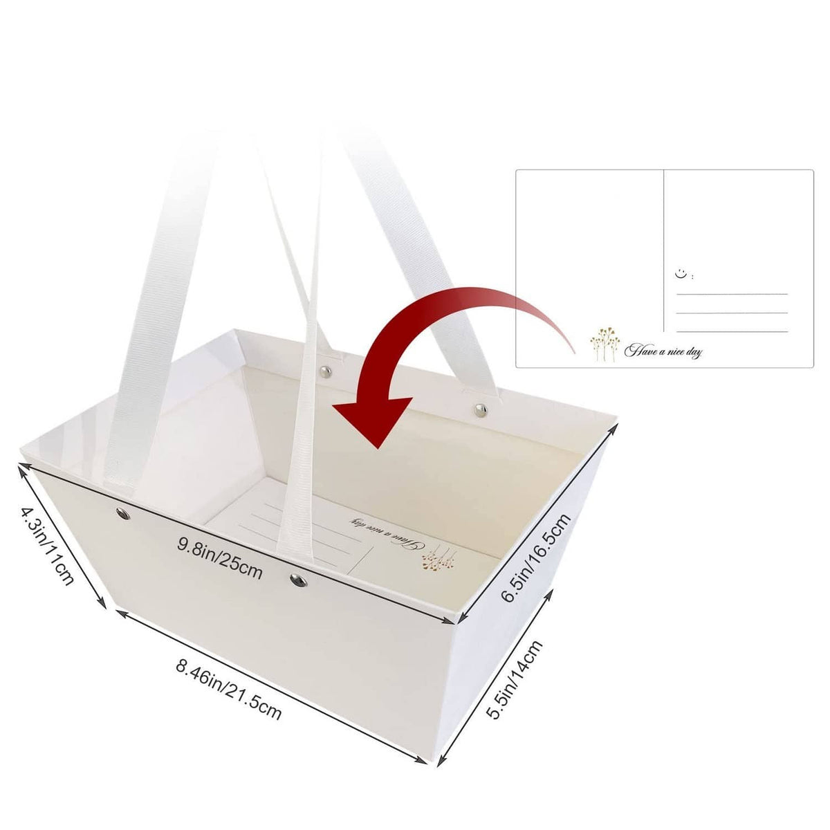 White gift basket base with two side handles, open for assembling