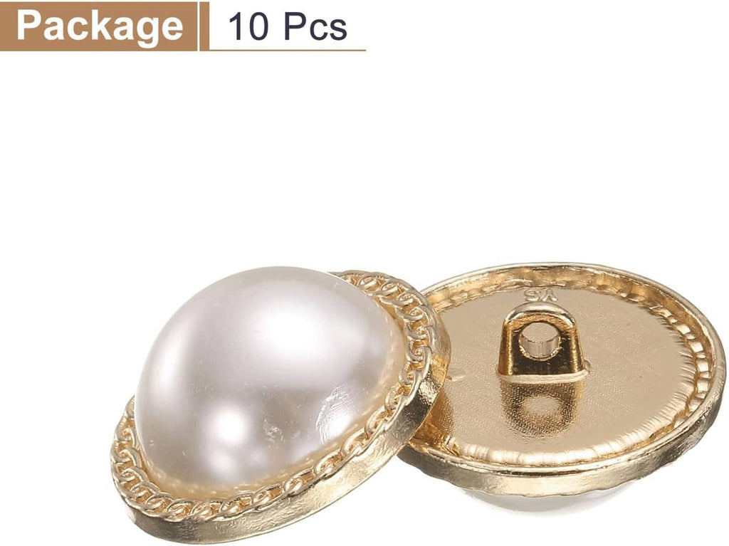Round pearl-look gold sewing button with 2-hole shank, back view