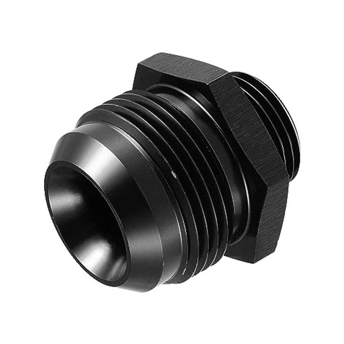Black aluminum male ORB O-ring fuel adapter, close-up of tapered threads and hex