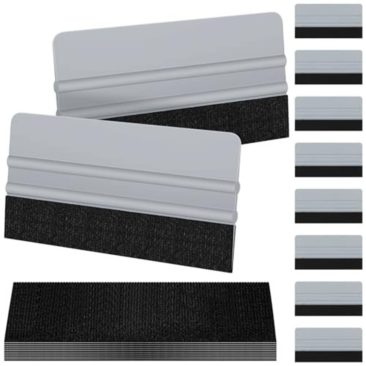 Vinyl wrap squeegee tools, gray plastic bodies with black felt edge pads in a set