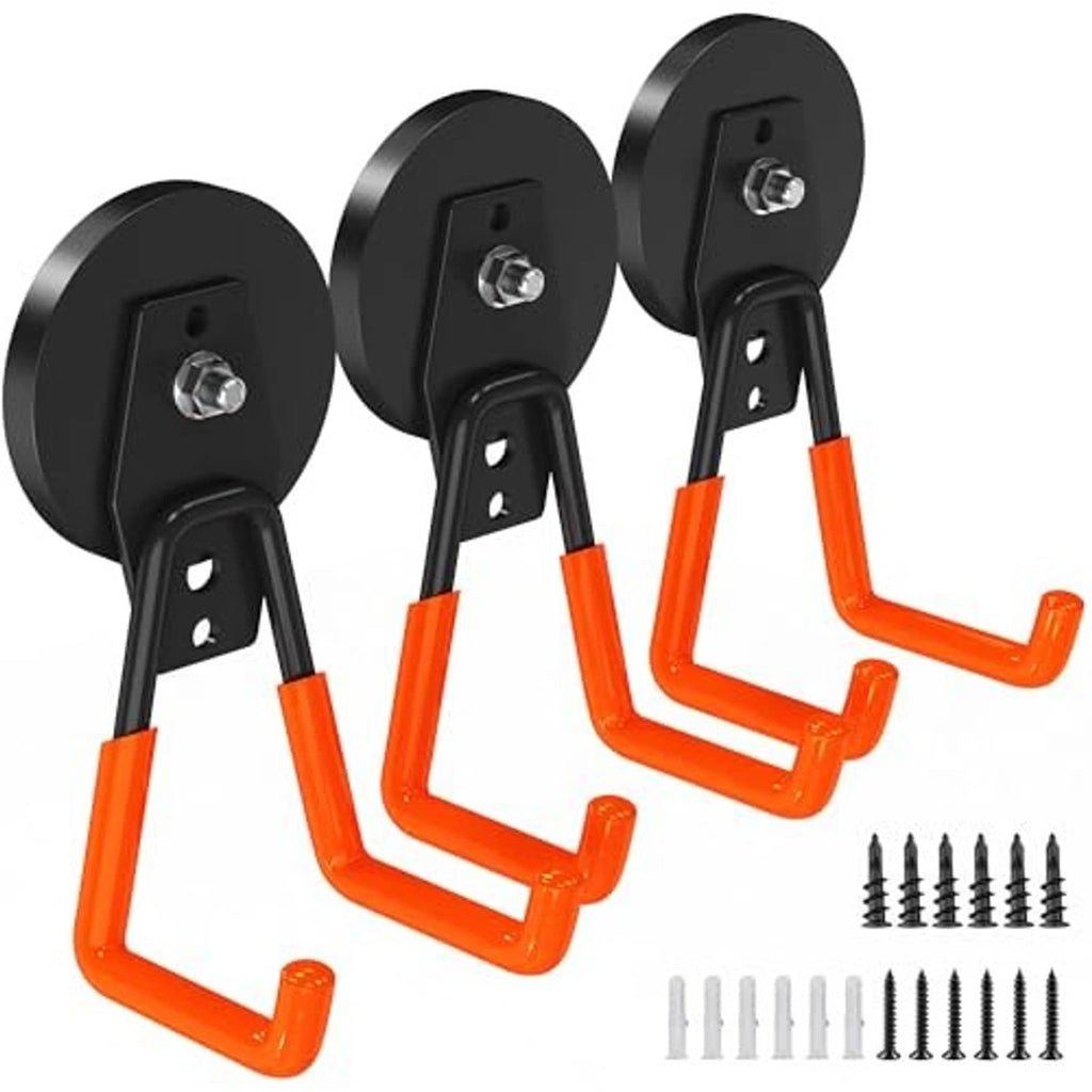 3-pack magnetic storage hooks with black bases, orange U hooks, and included mounting screws