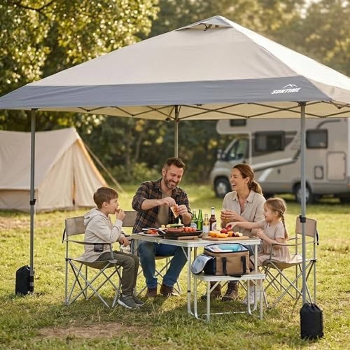 Outdoor pop-up canopy with cream top and gray underside, installed over a dining setup
