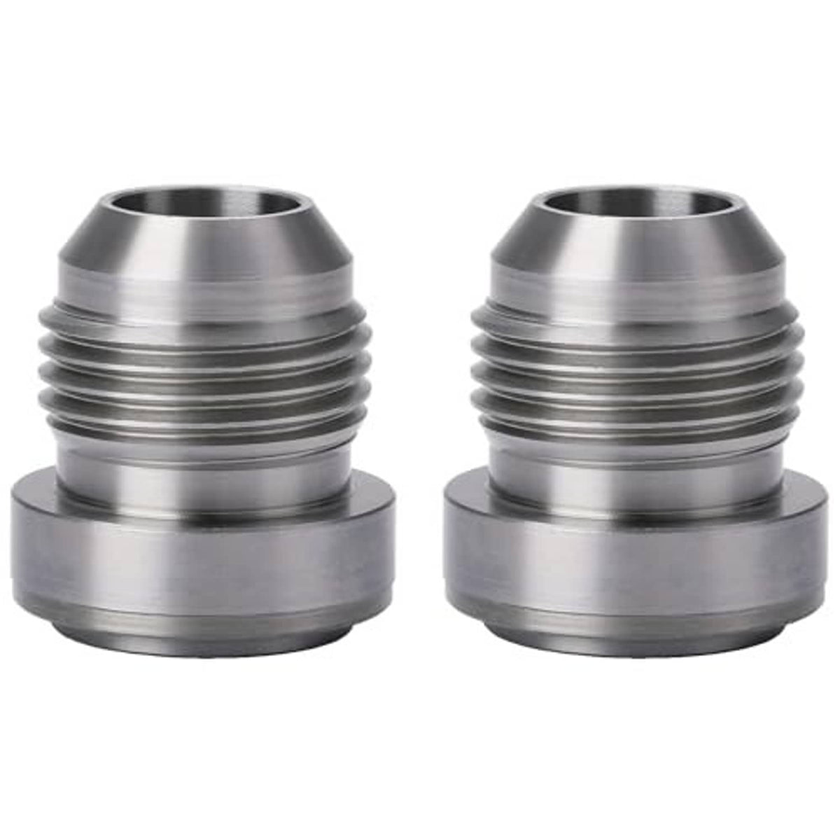 Steel 10AN male weld-on bung fitting adapter set, front view of threaded coupler, 2 pcs
