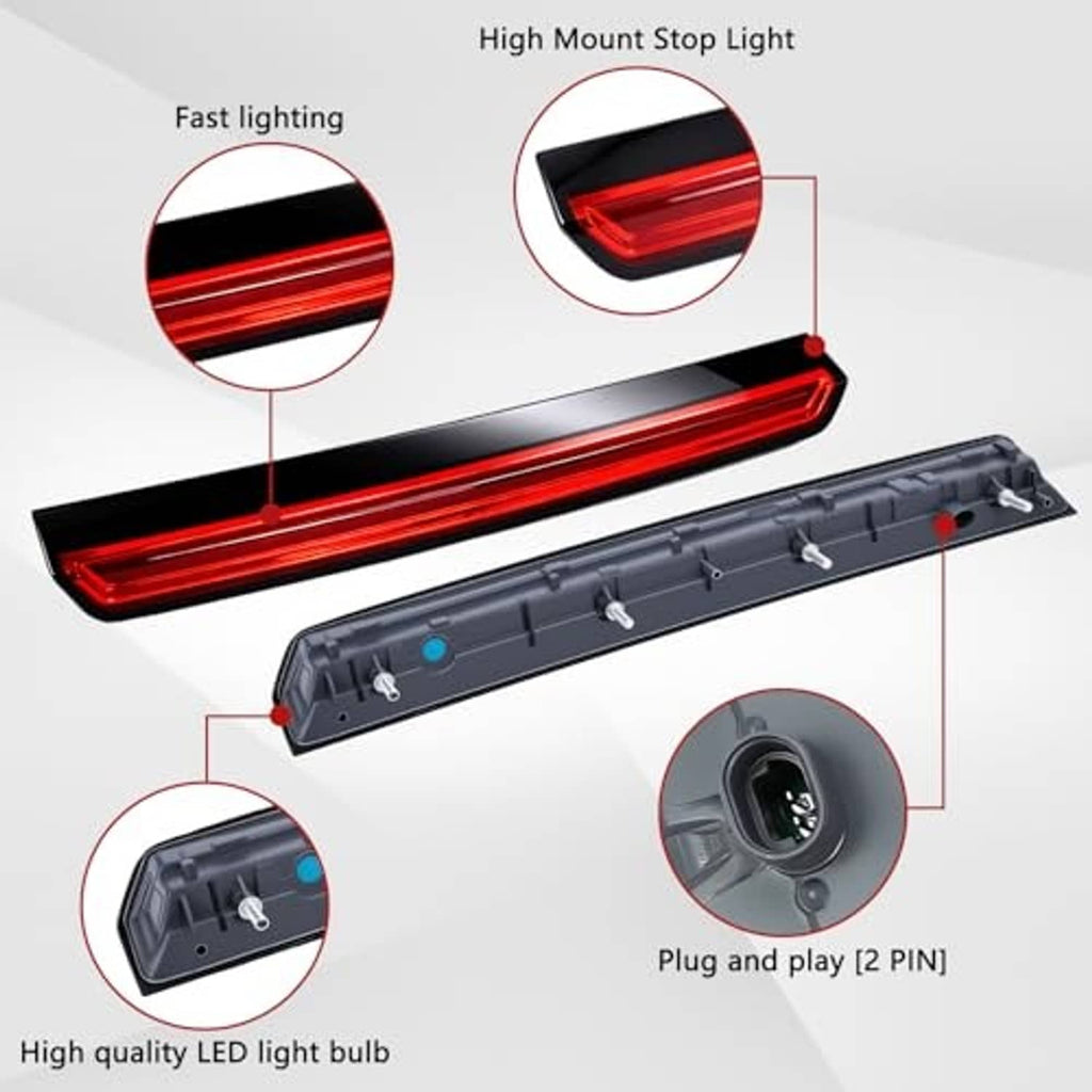 LED high mount stop light assembly with red lens bar, black base, and plug connection