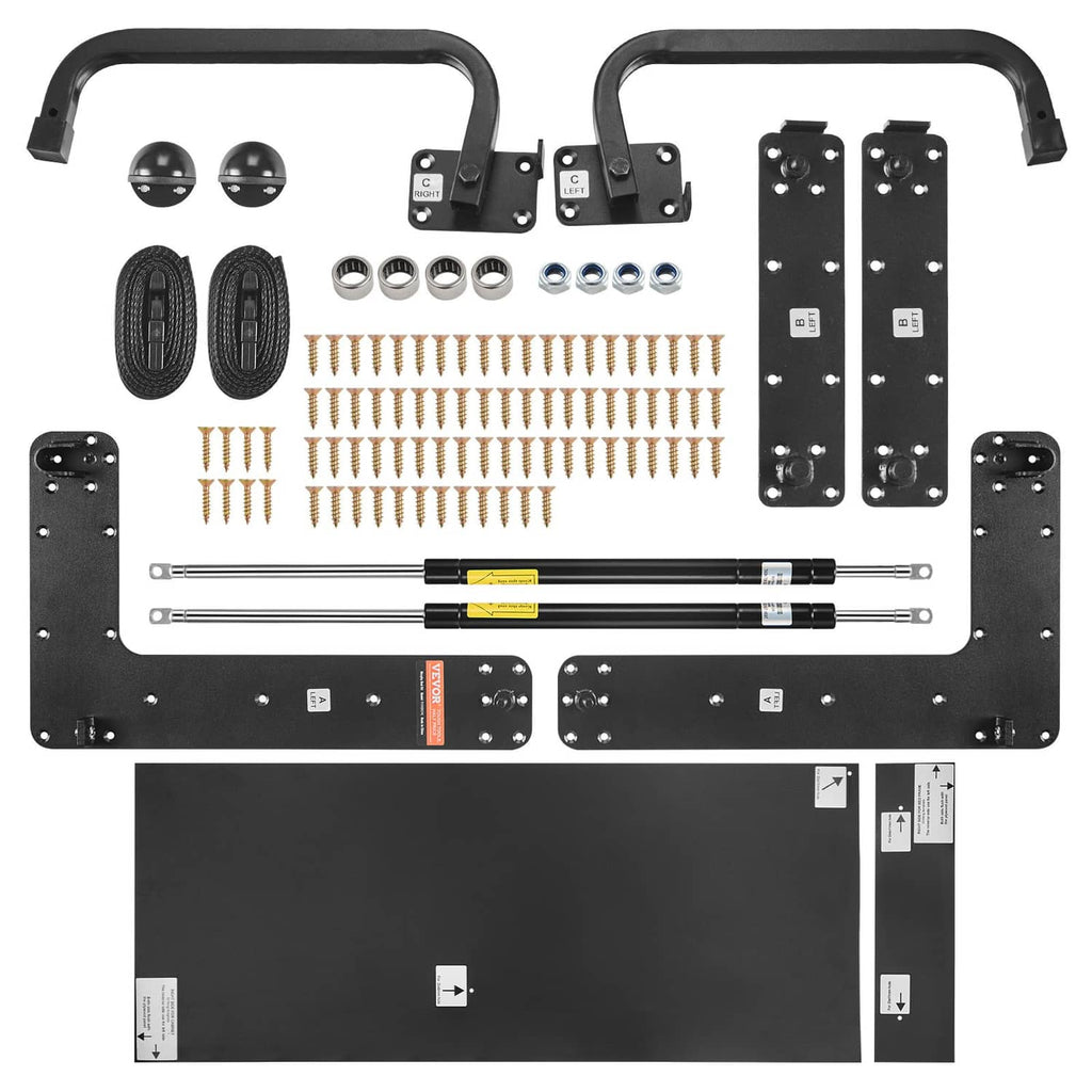 Murphy bed hardware kit components with black plates, rods, springs, and bolts