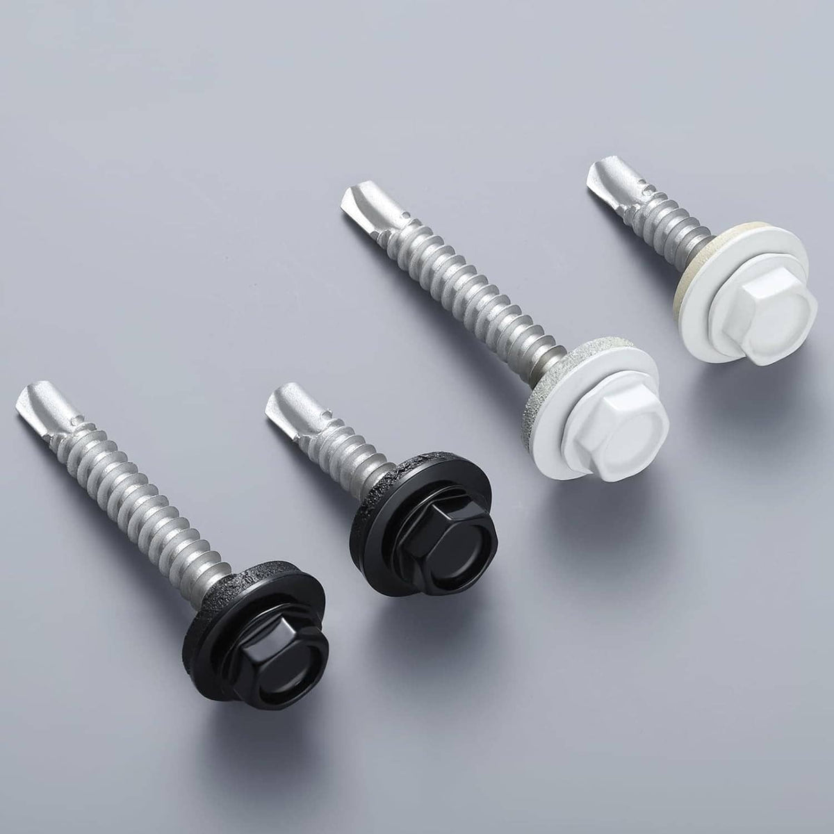 Set of metal roofing screws with EPDM washers, white heads and dark drive collars