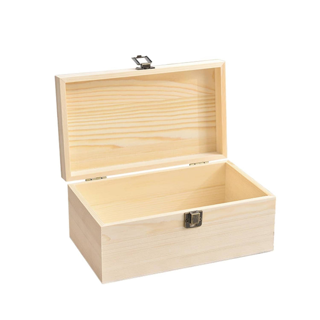 Unfinished wooden storage box with hinged lid and metal clasp, open top.