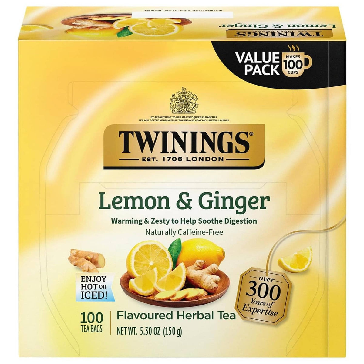 Twinings Lemon & Ginger herbal tea box, caffeine-free, 100 tea bags value pack